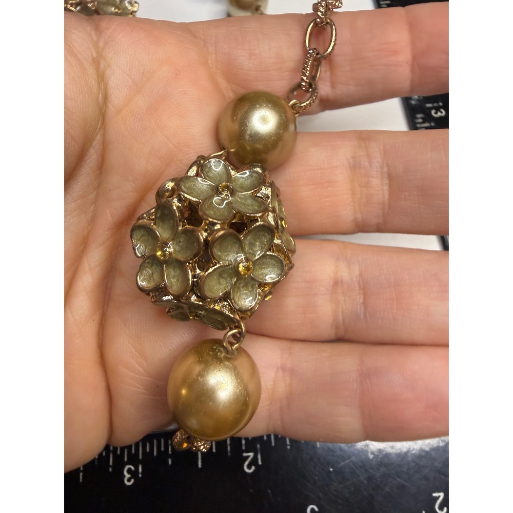Gold Tone Enamel Flower Faux Pearl Long Station Necklace Green Champagne 36-39"